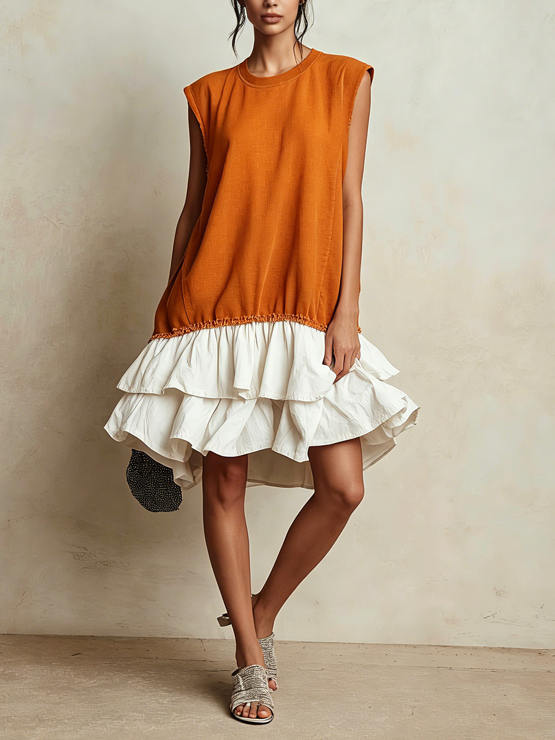 Robe Mini Sans Manches à Volants Superposés avec Bord Brut Contrasté | Robe Décontractée Color Block pour Vacances