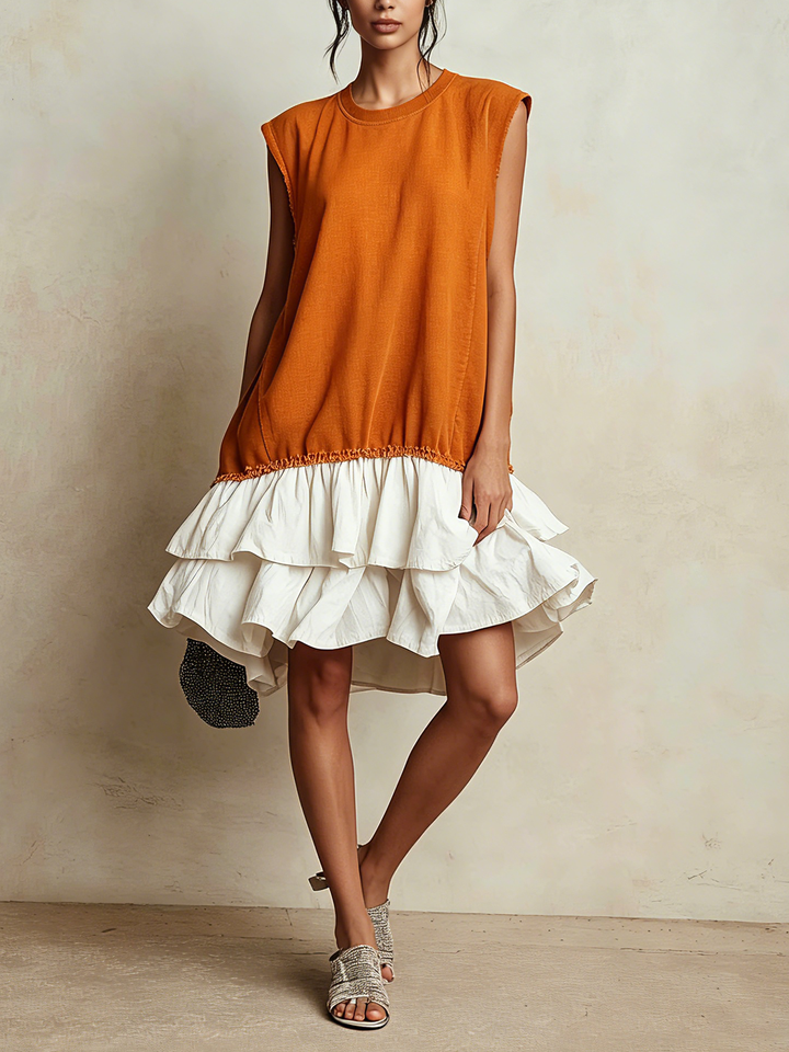 Robe Mini Sans Manches à Volants Superposés avec Bord Brut Contrasté | Robe Décontractée Color Block pour Vacances