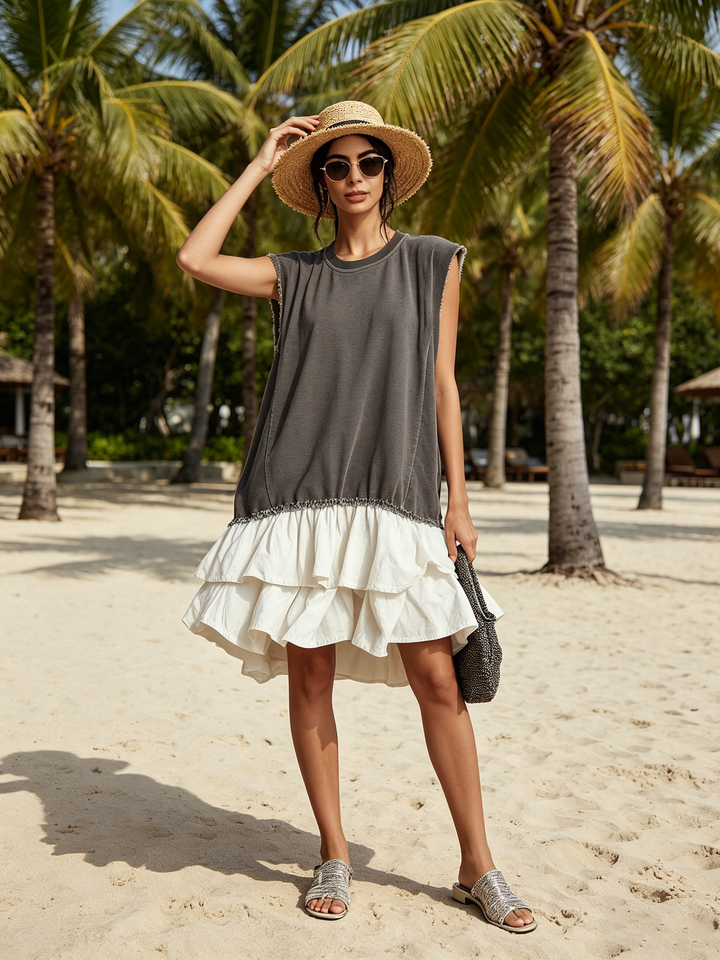 Robe Mini Sans Manches à Volants Superposés avec Bord Brut Contrasté | Robe Décontractée Color Block pour Vacances