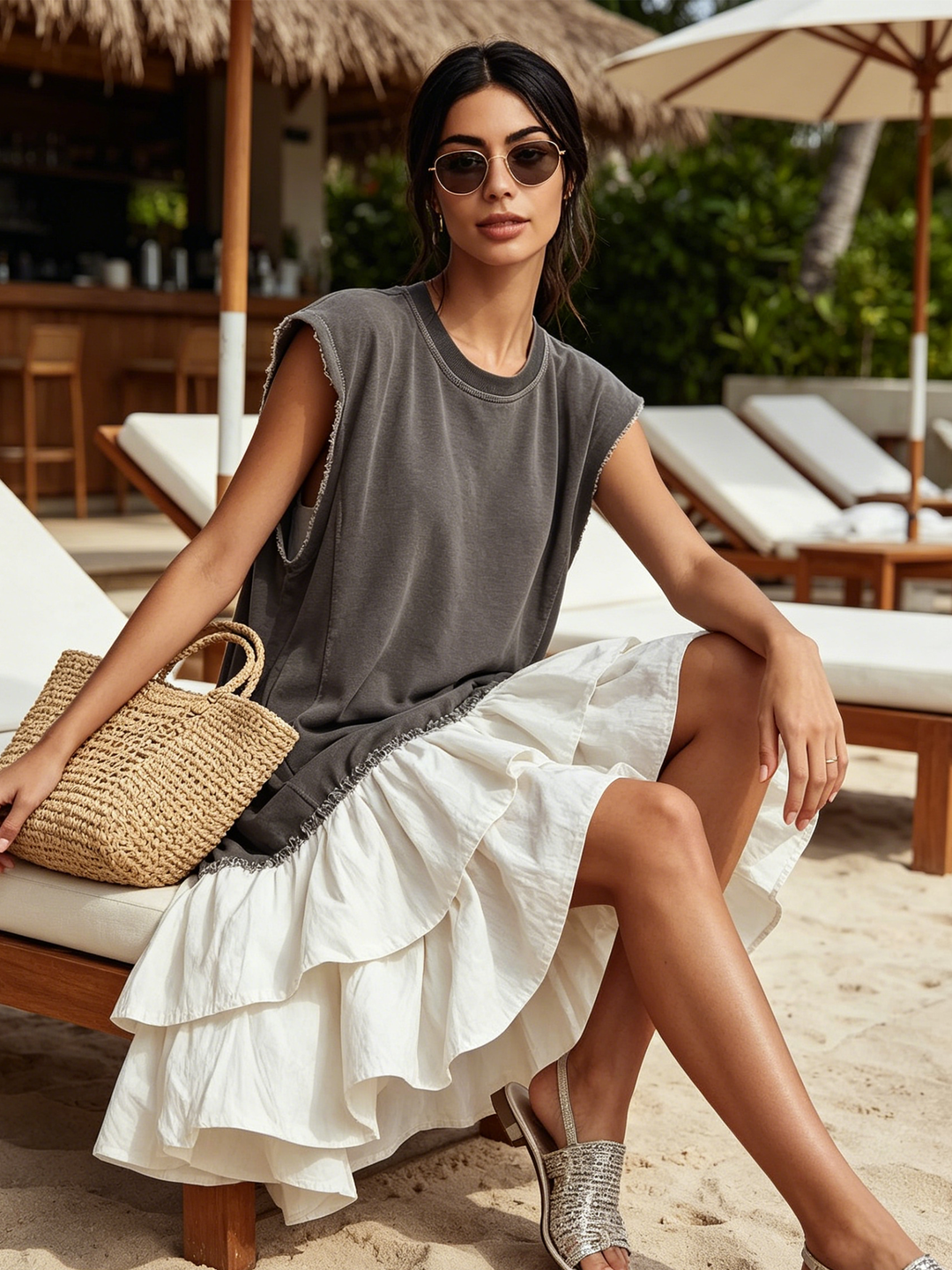 Robe Mini Sans Manches à Volants Superposés avec Bord Brut Contrasté | Robe Décontractée Color Block pour Vacances