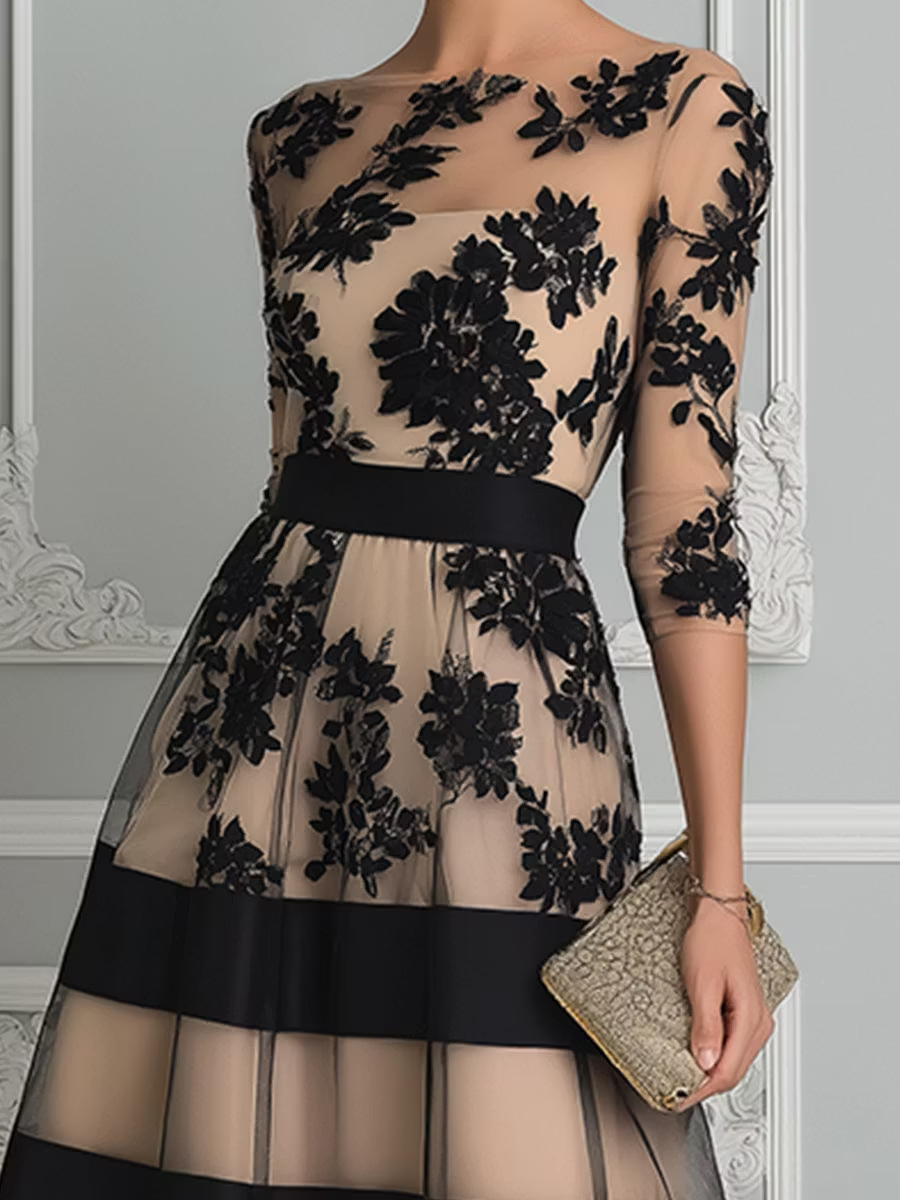 Robe Midi A Ligne Élegante en Dentelle Noire