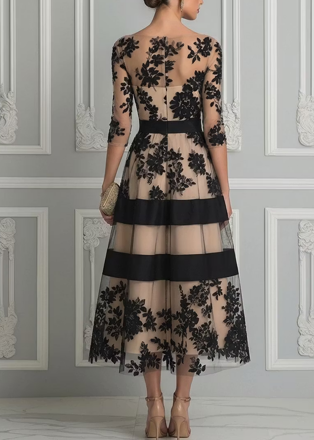 Robe Midi A Ligne Élegante en Dentelle Noire