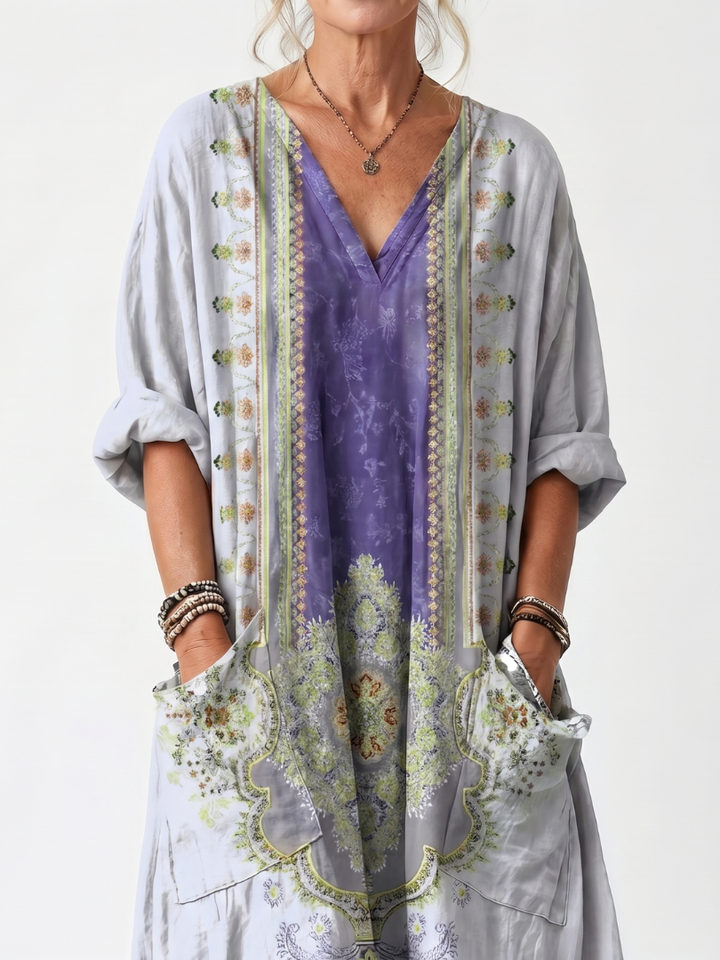 Raina | Robe midi surdimensionnée à poches avec panneau contrasté et broderie
