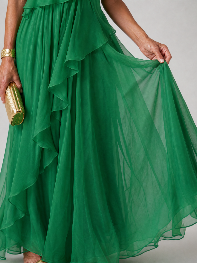 Maxi robe verte à épaule unique avec volants en cascade