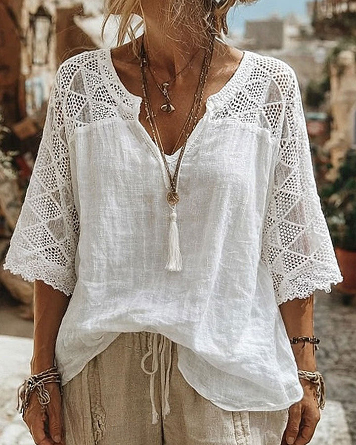 Blouse Unicolore à Panneaux et Col en V