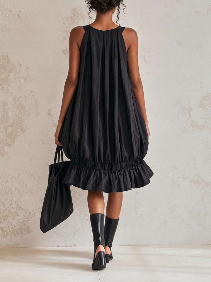 Robe midi bulle sans manches noire avec taille élastique froncée et ourlet volanté, robe ample en forme de tente