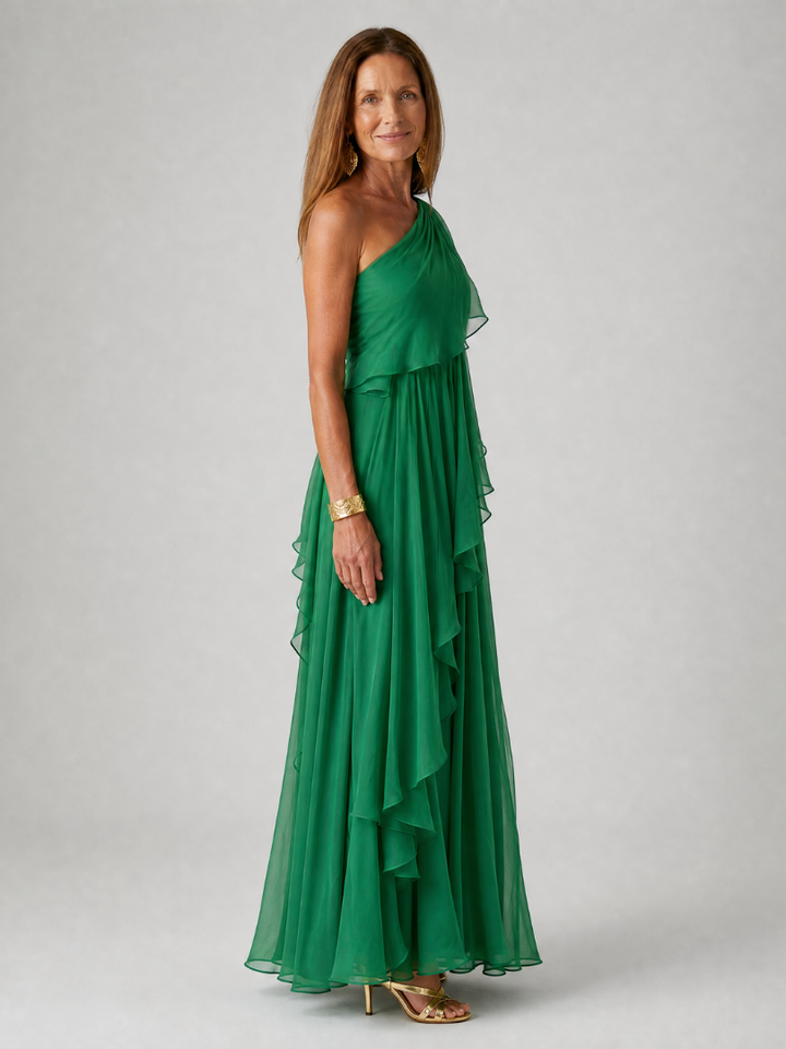 Maxi robe verte à épaule unique avec volants en cascade