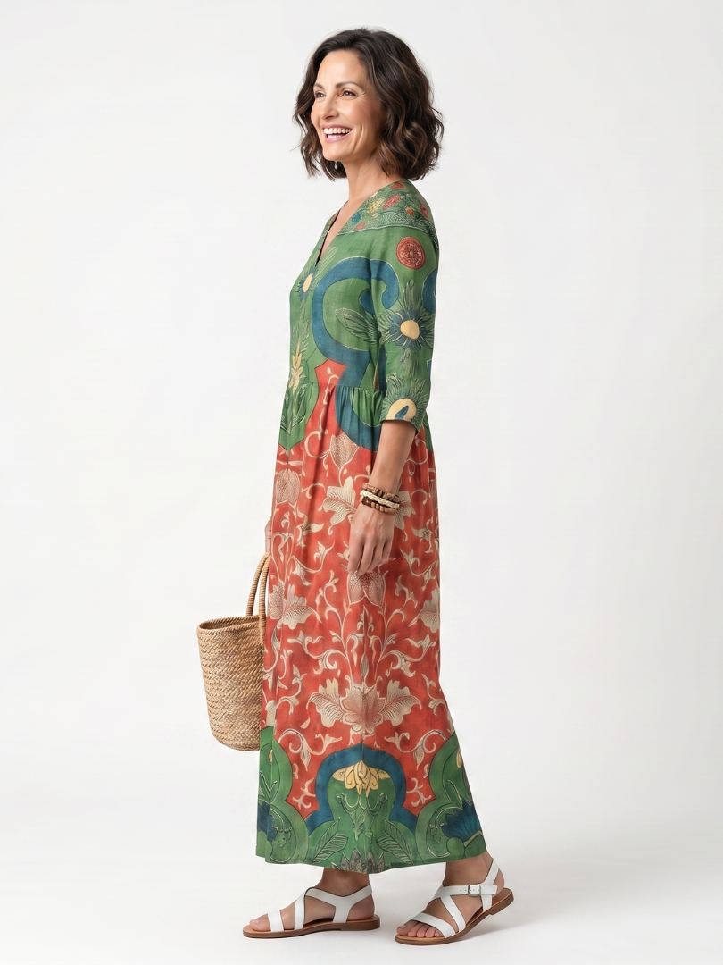 Sloane | Robe Midi à Imprimé Mixte avec Col en V et Poches