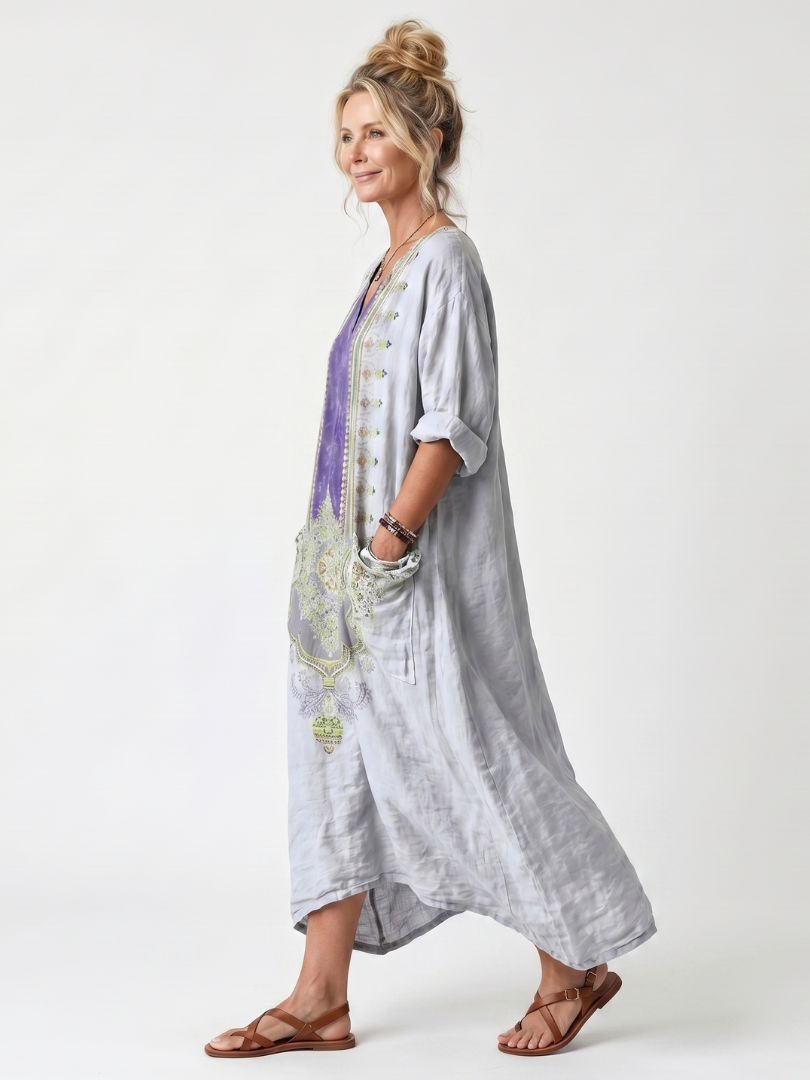 Raina | Robe midi surdimensionnée à poches avec panneau contrasté et broderie