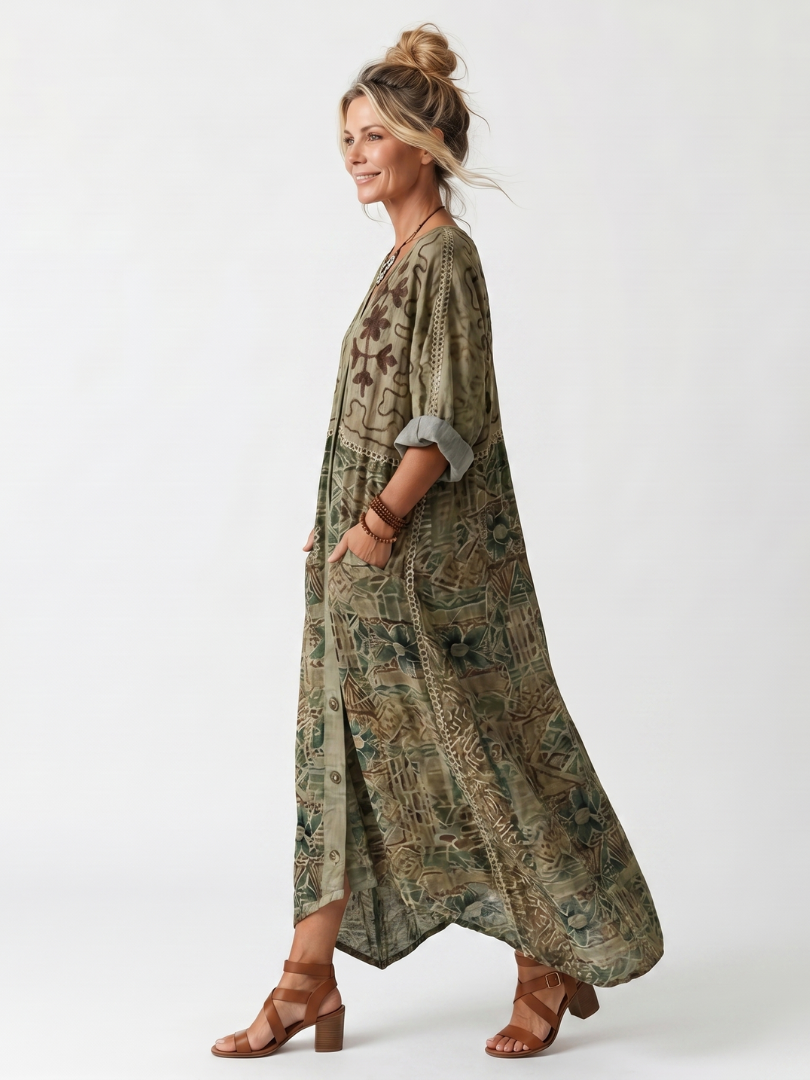 Aleta | Robe midi oversized à poches brodées et bouton sur le devant
