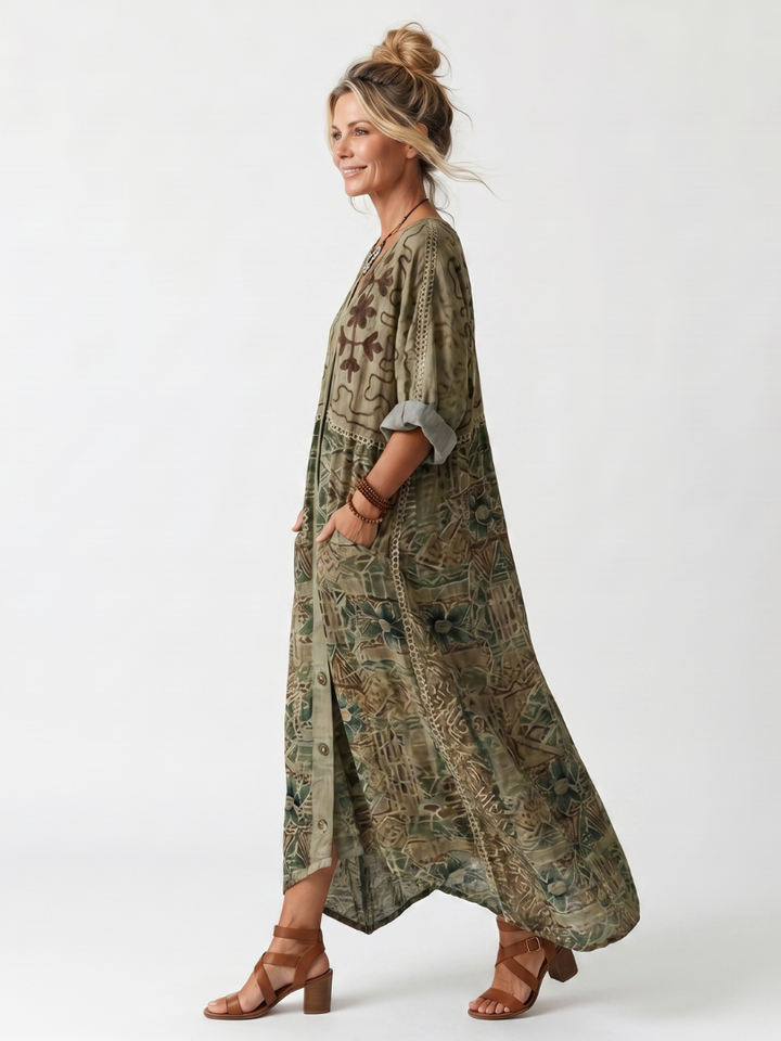 Aleta | Robe midi oversized à poches brodées et bouton sur le devant