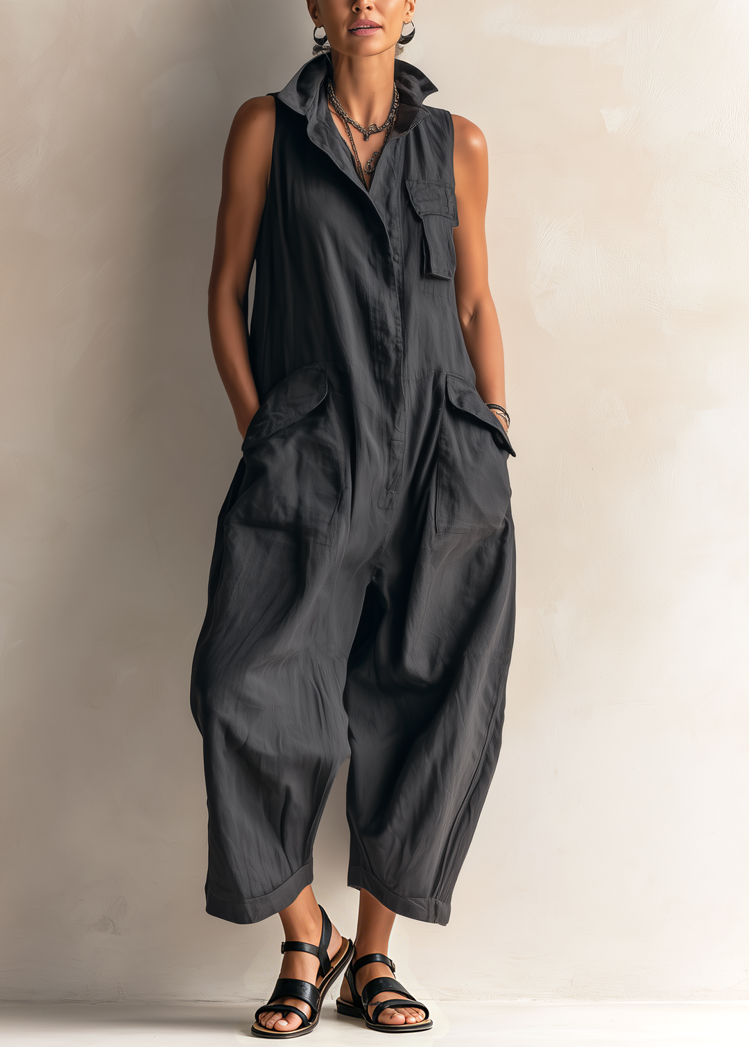 Combinaison cargo sans manches en coton avec silhouette décontractée