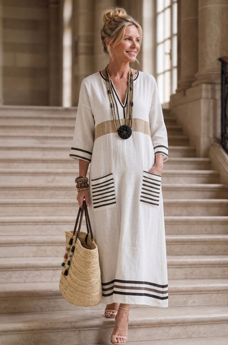 Noemi | Robe maxi à col en V et manches mi-longues avec poches