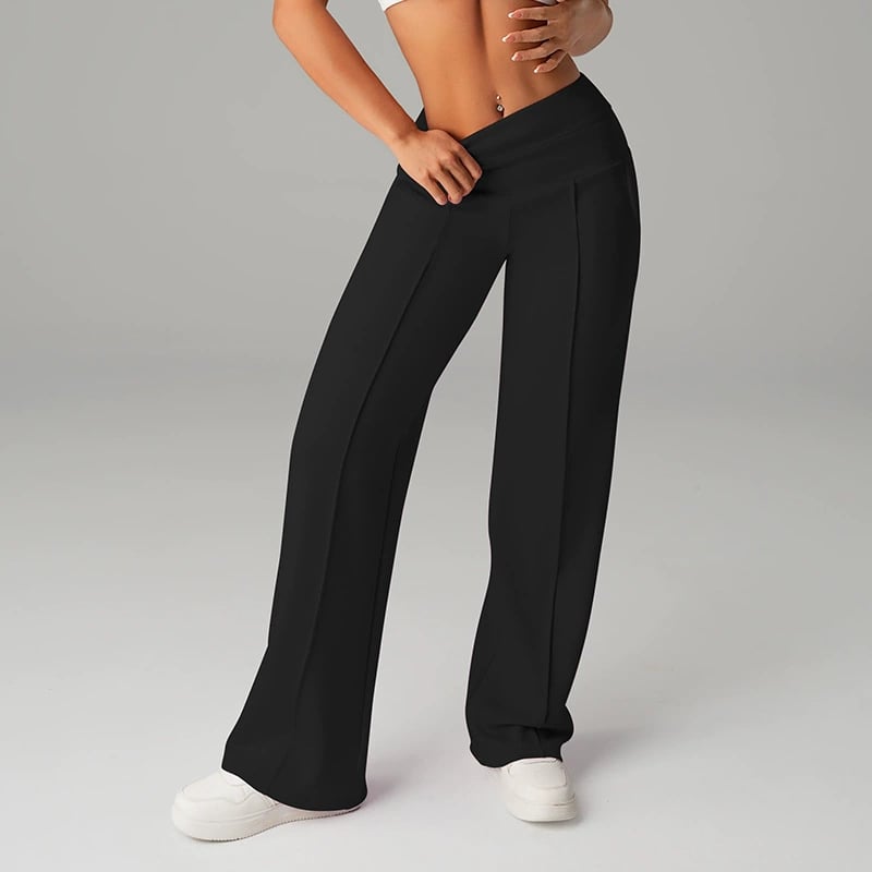Pantalon femme à jambes larges et droites, taille haute. Tissu extensible