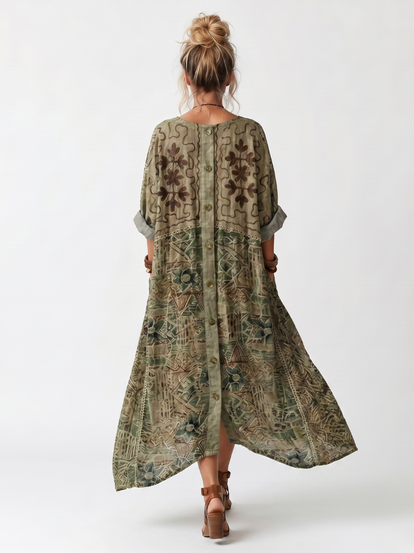 Aleta | Robe midi oversized à poches brodées et bouton sur le devant