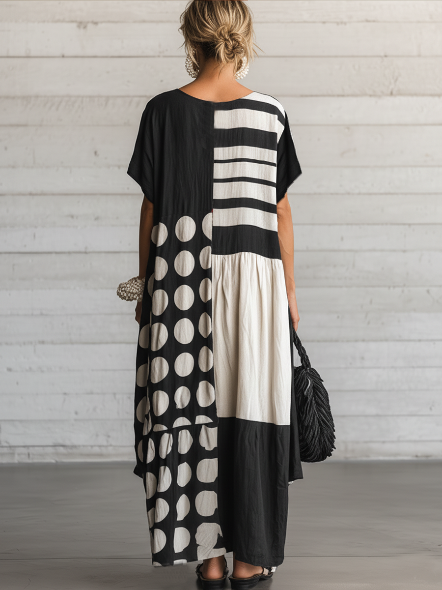 Robe Maxi Décontractée Rétro en Coton-Lin pour Femmes — Col Rond, Manches Courtes