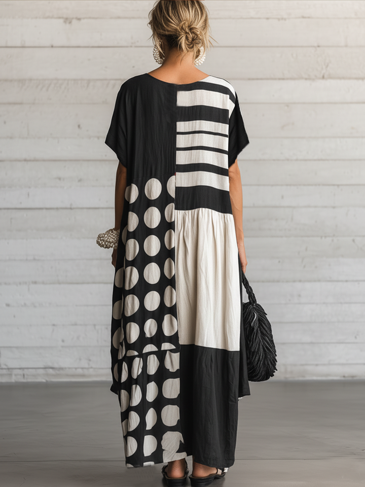 Robe Maxi Décontractée Rétro en Coton-Lin pour Femmes — Col Rond, Manches Courtes