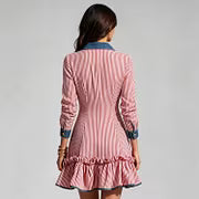 Robe Mini à Manches Longues en Jean avec Col Splicé à Rayures Contrastées pour Femmes