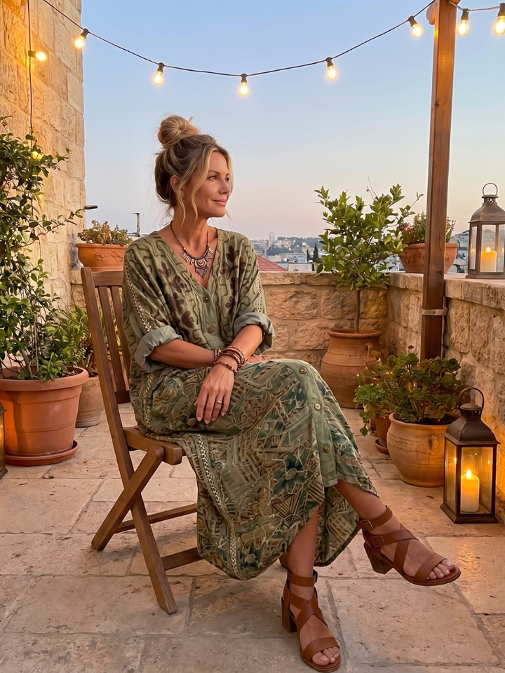 Aleta | Robe midi oversized à poches brodées et bouton sur le devant