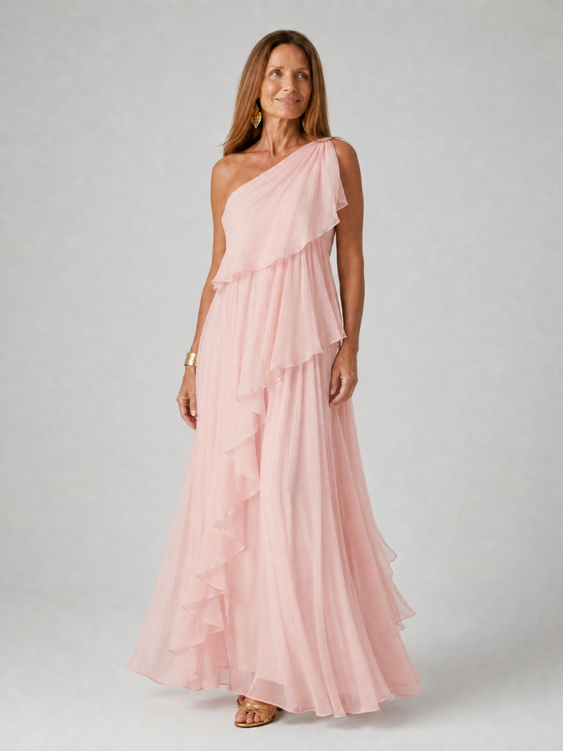 Maxi robe verte à épaule unique avec volants en cascade