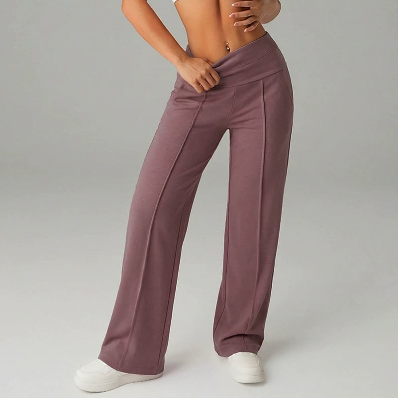 Pantalon femme à jambes larges et droites, taille haute. Tissu extensible