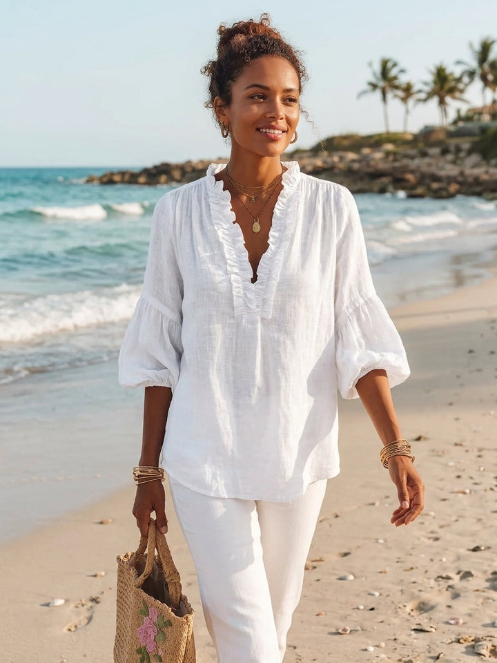 Chemise Femme Rétro Casual en Coton Lin Unie à Manches Trois Quarts