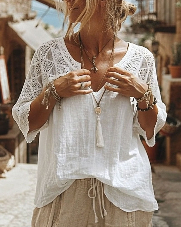 Blouse Unicolore à Panneaux et Col en V