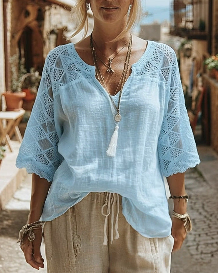 Blouse Unicolore à Panneaux et Col en V