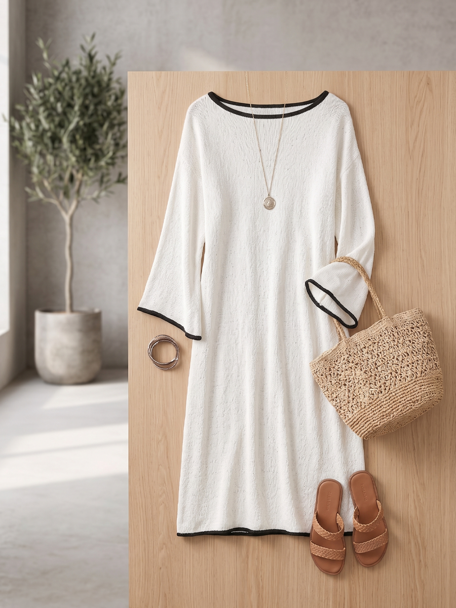 Robe Midi Tricot à Col Bateau pour Femmes avec Manches Évasées 3/4