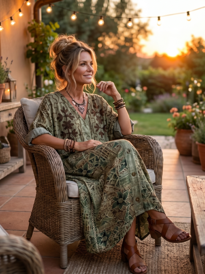 Aleta | Robe midi oversized à poches brodées et bouton sur le devant