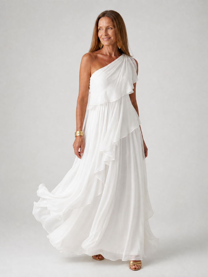 Maxi robe verte à épaule unique avec volants en cascade