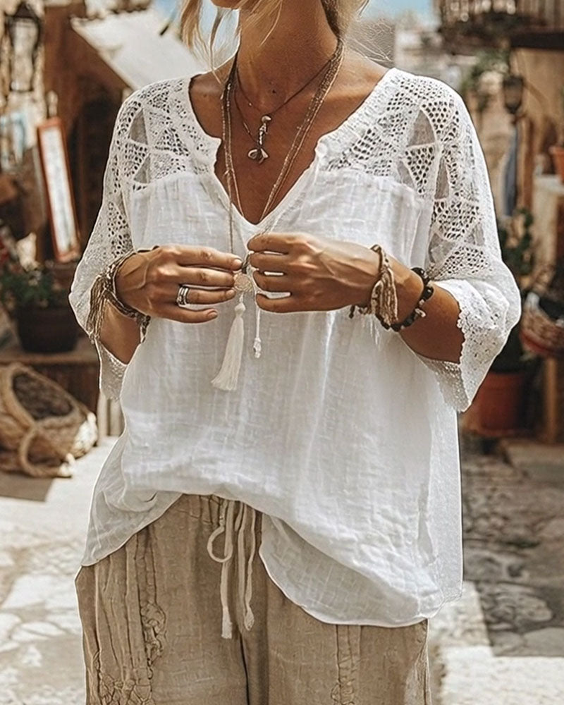 Blouse Unicolore à Panneaux et Col en V