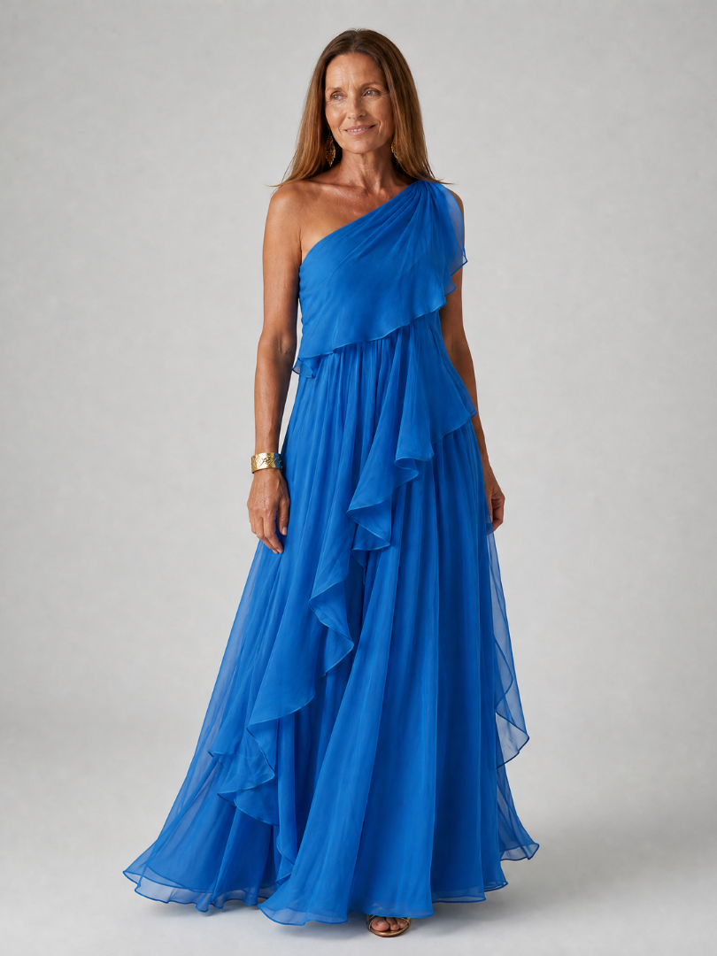 Maxi robe verte à épaule unique avec volants en cascade