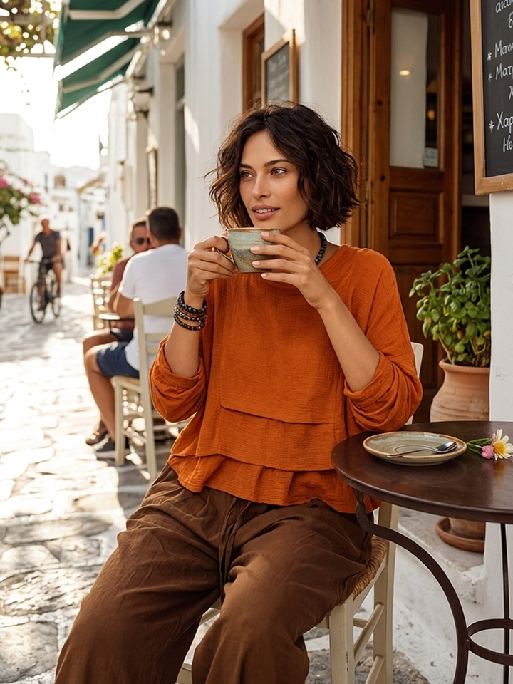 T-shirt à manches longues en lin mélangé, coupe ample, couleur unie pour femmes