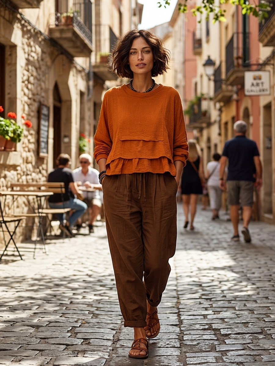 T-shirt à manches longues en lin mélangé, coupe ample, couleur unie pour femmes