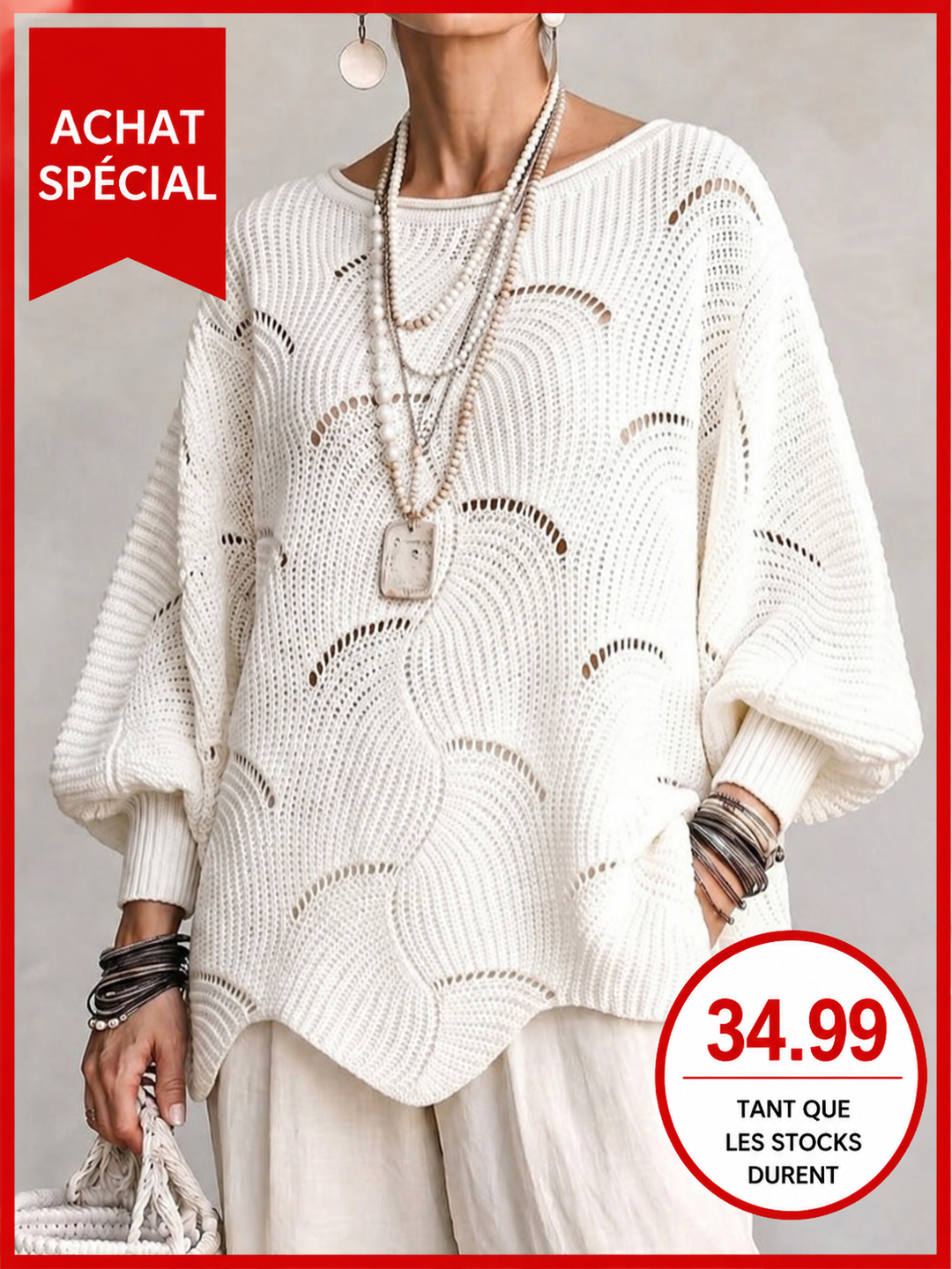 Haut en tricot à manches lanternes amples avec motif en vagues creuses