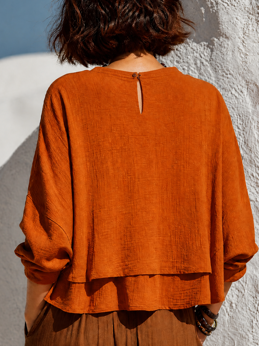 T-shirt à manches longues en lin mélangé, coupe ample, couleur unie pour femmes