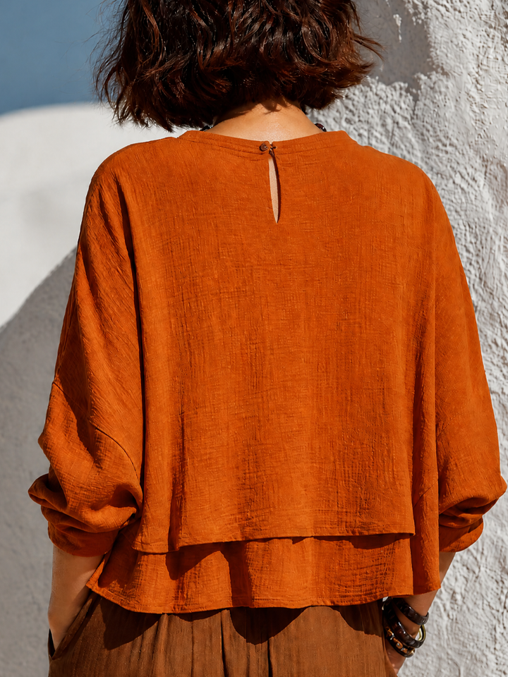 T-shirt à manches longues en lin mélangé, coupe ample, couleur unie pour femmes