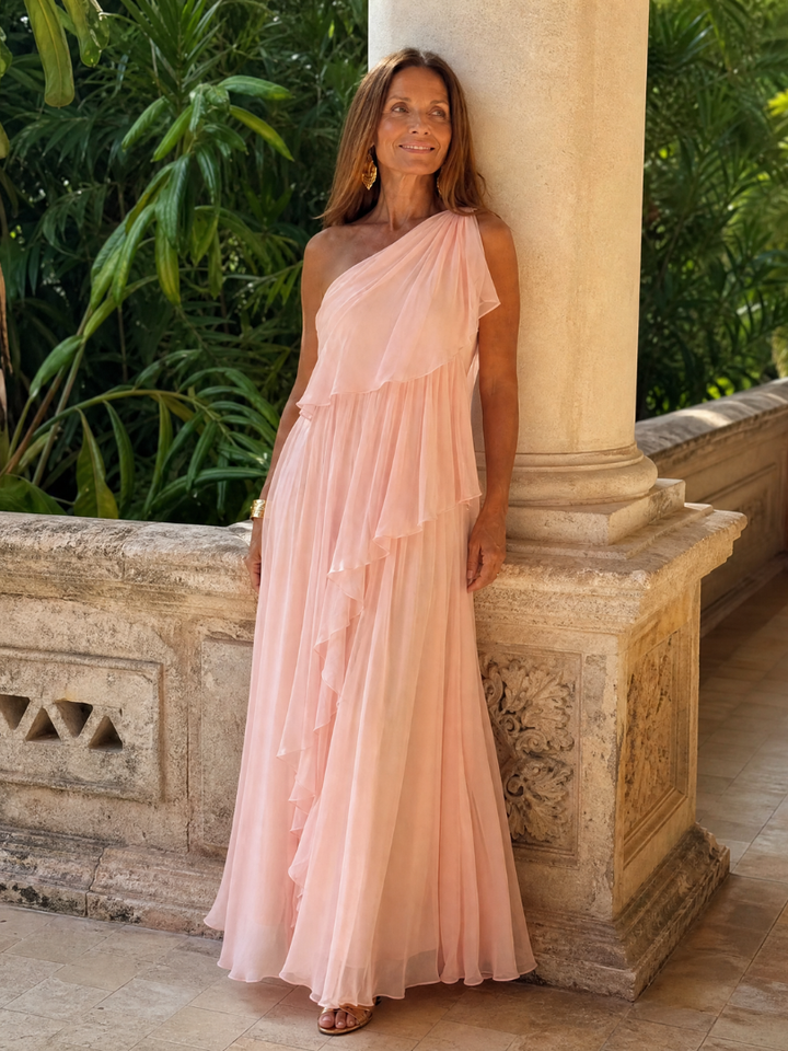Maxi robe verte à épaule unique avec volants en cascade