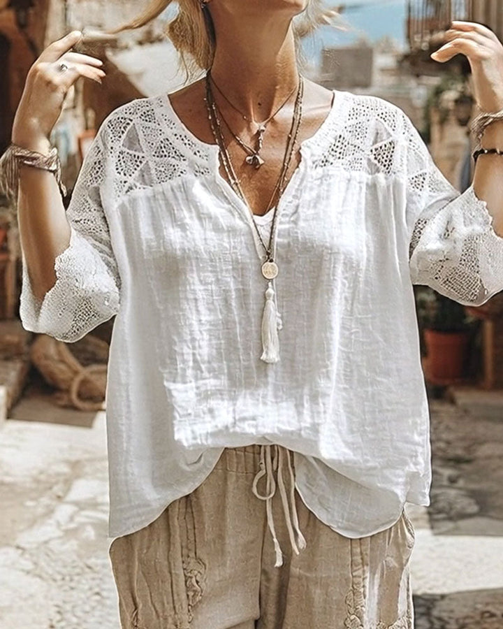 Blouse Unicolore à Panneaux et Col en V