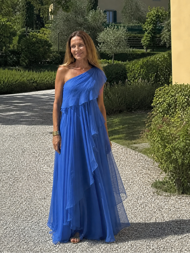 Maxi robe verte à épaule unique avec volants en cascade