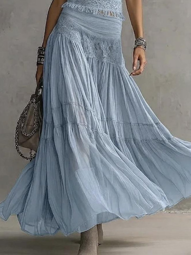 Renata | Ensemble bleu avec top ajouré et jupe longue plissée