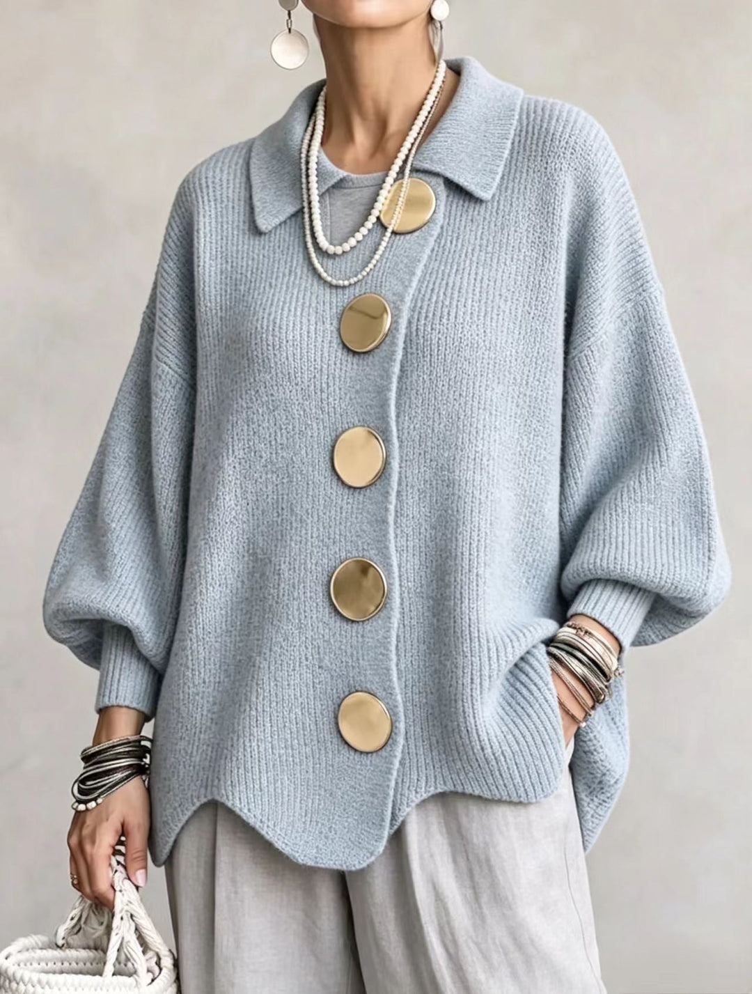 Isadora | Cardigan Oversize avec Col et Grands Boutons en Métal