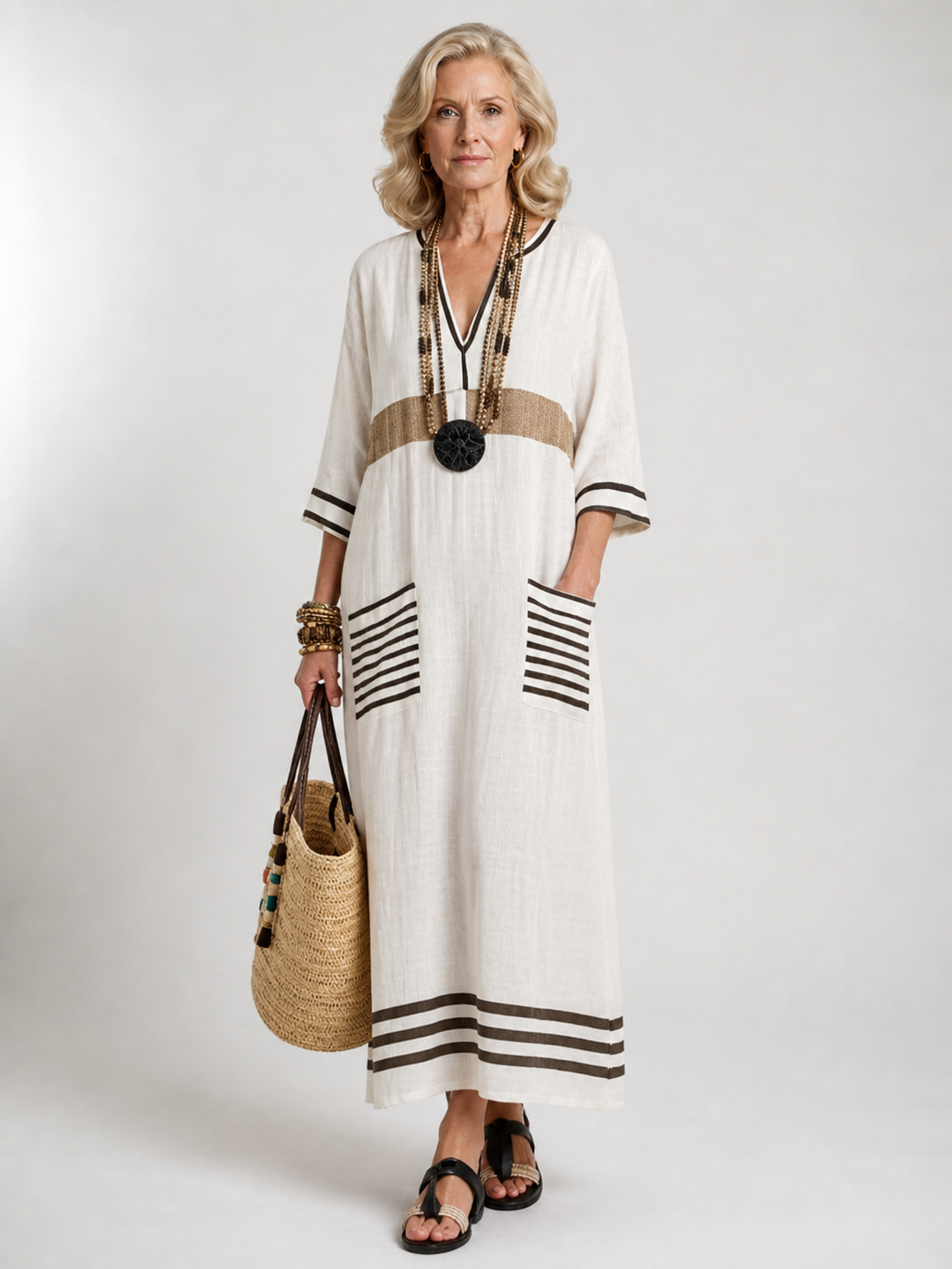 Noemi | Robe maxi à col en V et manches mi-longues avec poches