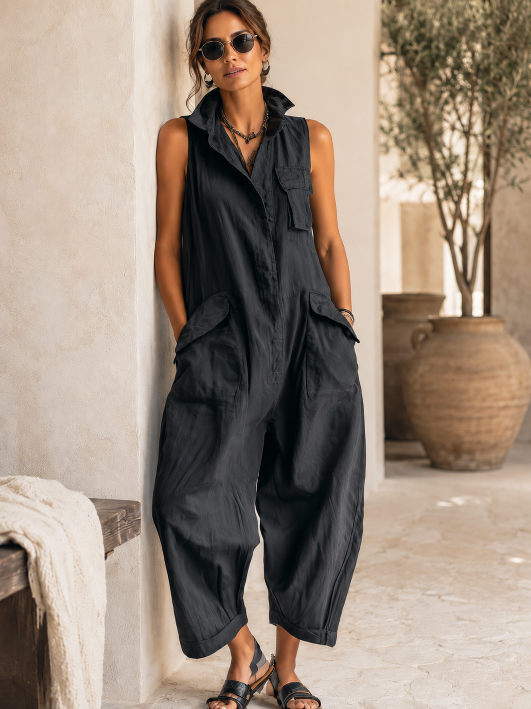 Combinaison cargo sans manches en coton avec silhouette décontractée