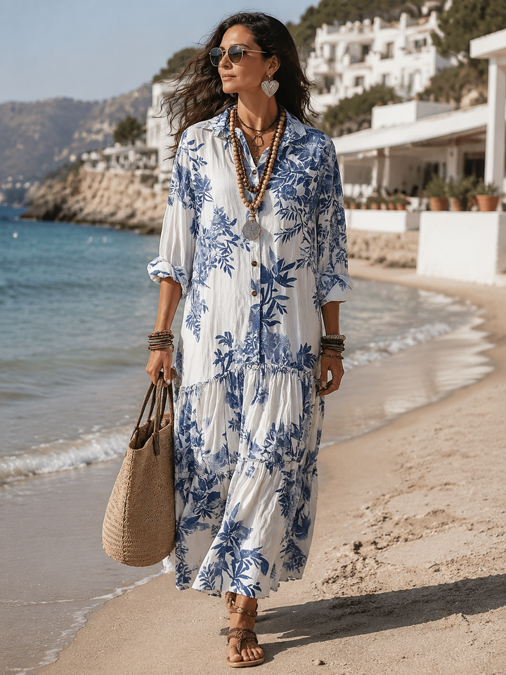 Dahlia | Robe maxi à boutons floraux bleus bohèmes