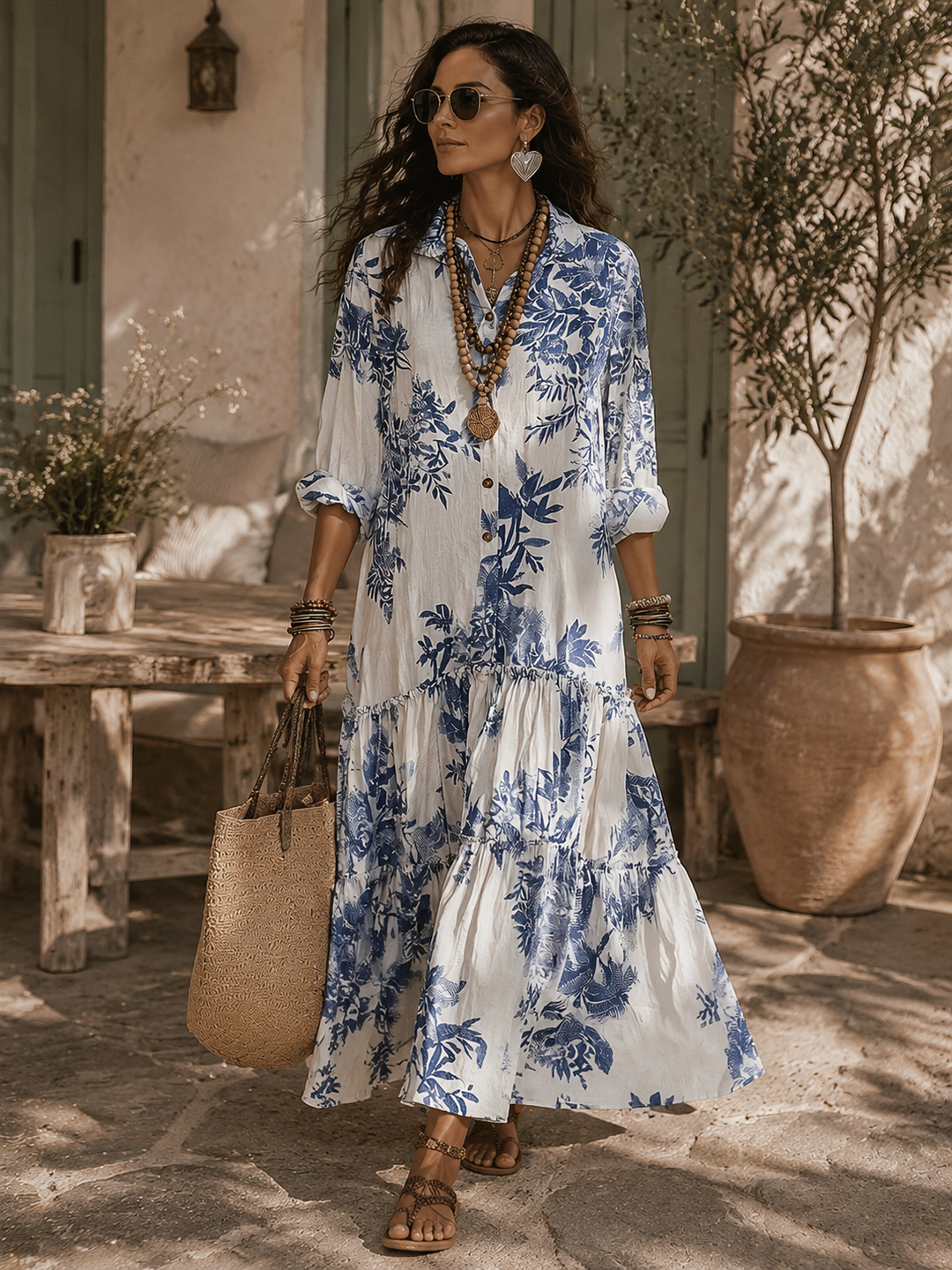 Dahlia | Robe maxi à boutons floraux bleus bohèmes