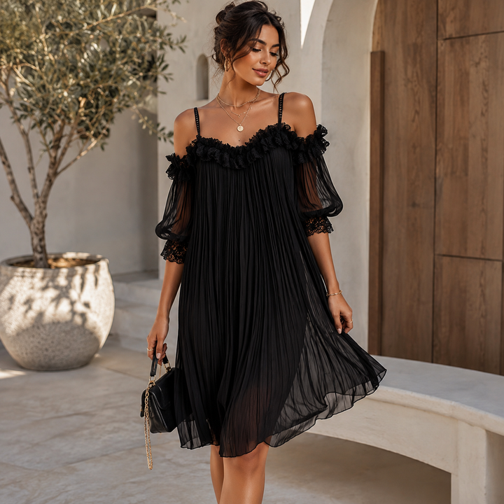 Margaret™ | Mini-Robe Noire en Mousseline et Dentelle