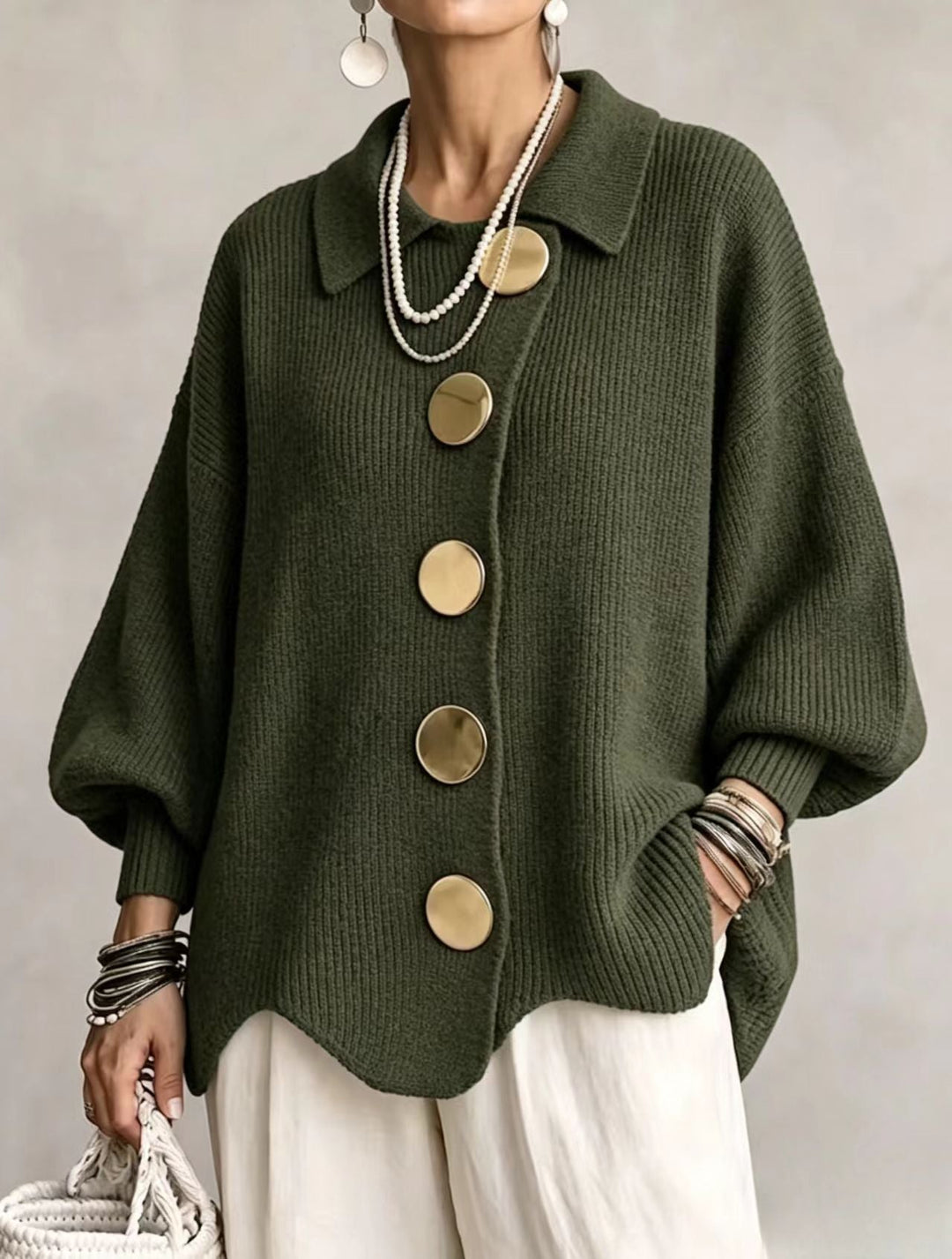 Isadora | Cardigan Oversize avec Col et Grands Boutons en Métal