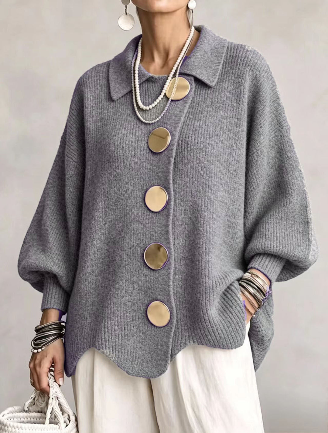 Isadora | Cardigan Oversize avec Col et Grands Boutons en Métal